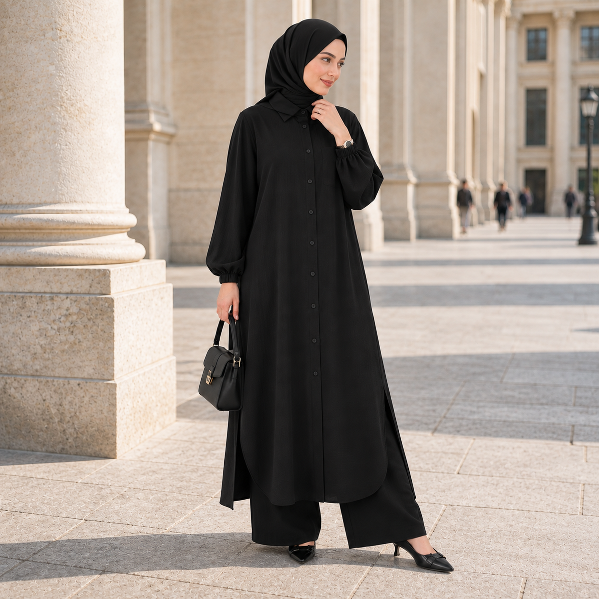 ZOALIN - Soft Layered Button Tunic & Pants Set - Black - lifestyle
