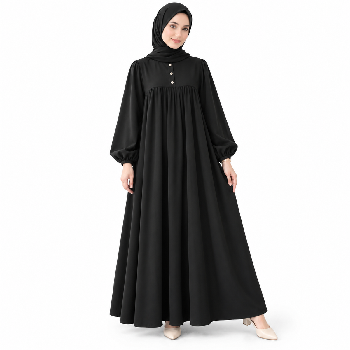 ZOALIN - Soft Gathered Abaya Maxi Dress - Black - front