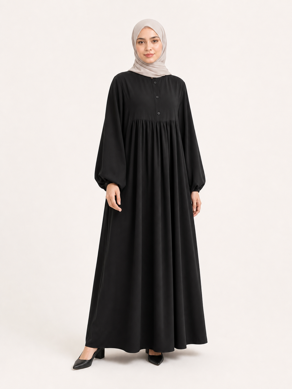 ZOALIN-SKU-COLOR-AUDIT-20260711-P06-01 | Soft Gathered Abaya Maxi Dress | Black front view