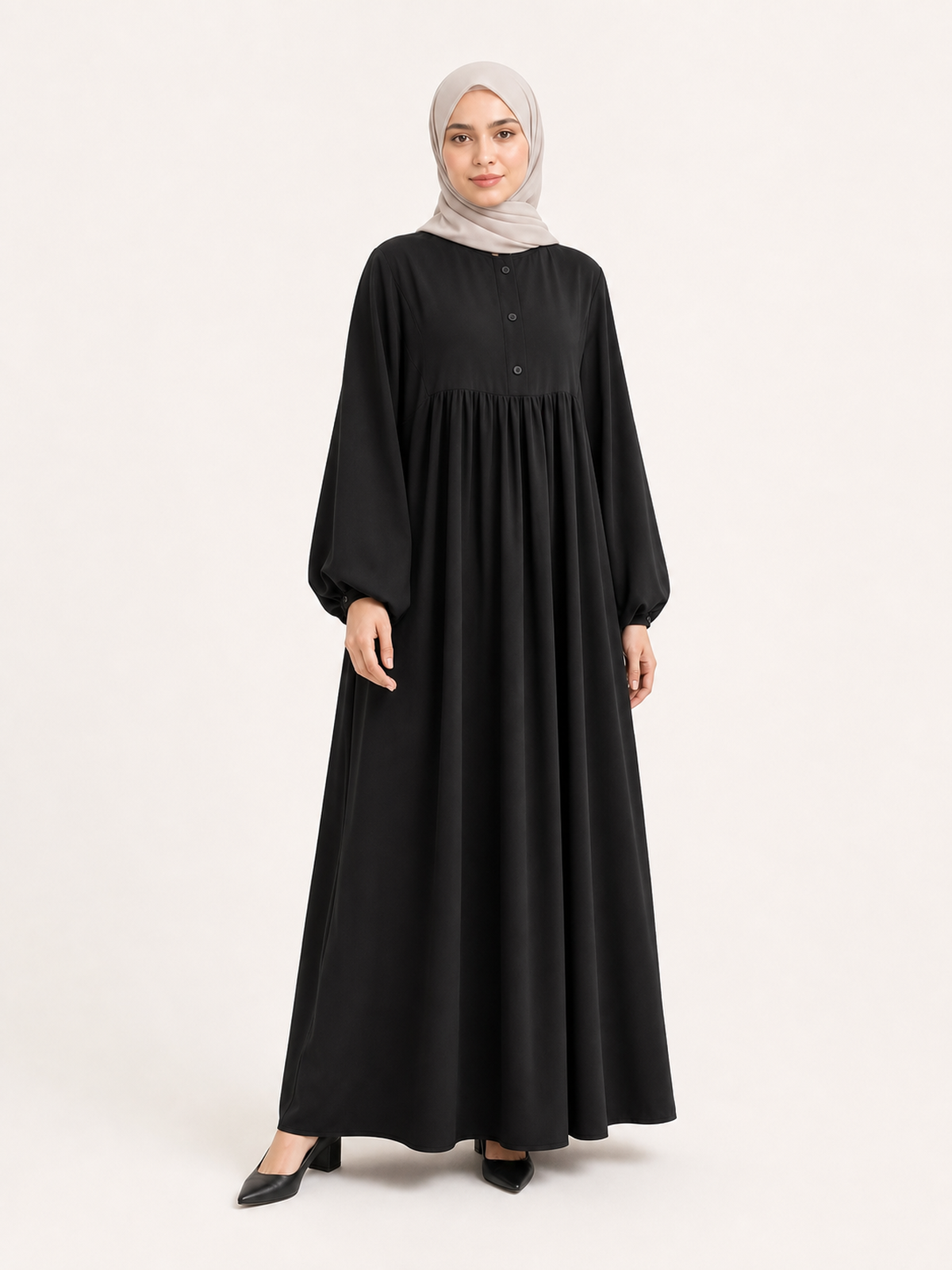 ZOALIN-SKU-COLOR-AUDIT-20260711-P06-01 | Soft Gathered Abaya Maxi Dress | Black front view