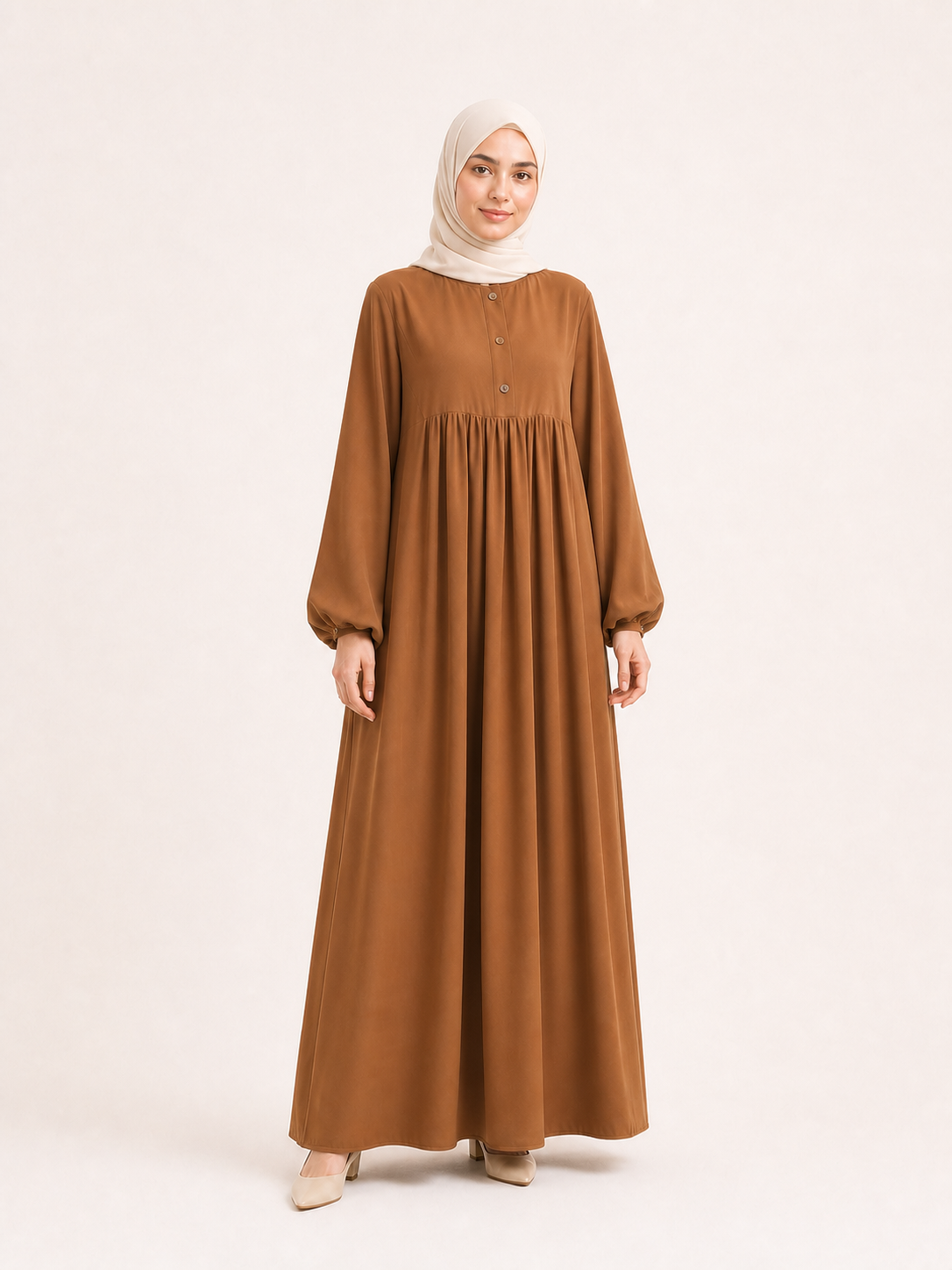 ZOALIN - Soft Gathered Abaya Maxi Dress - Warm Brown - front