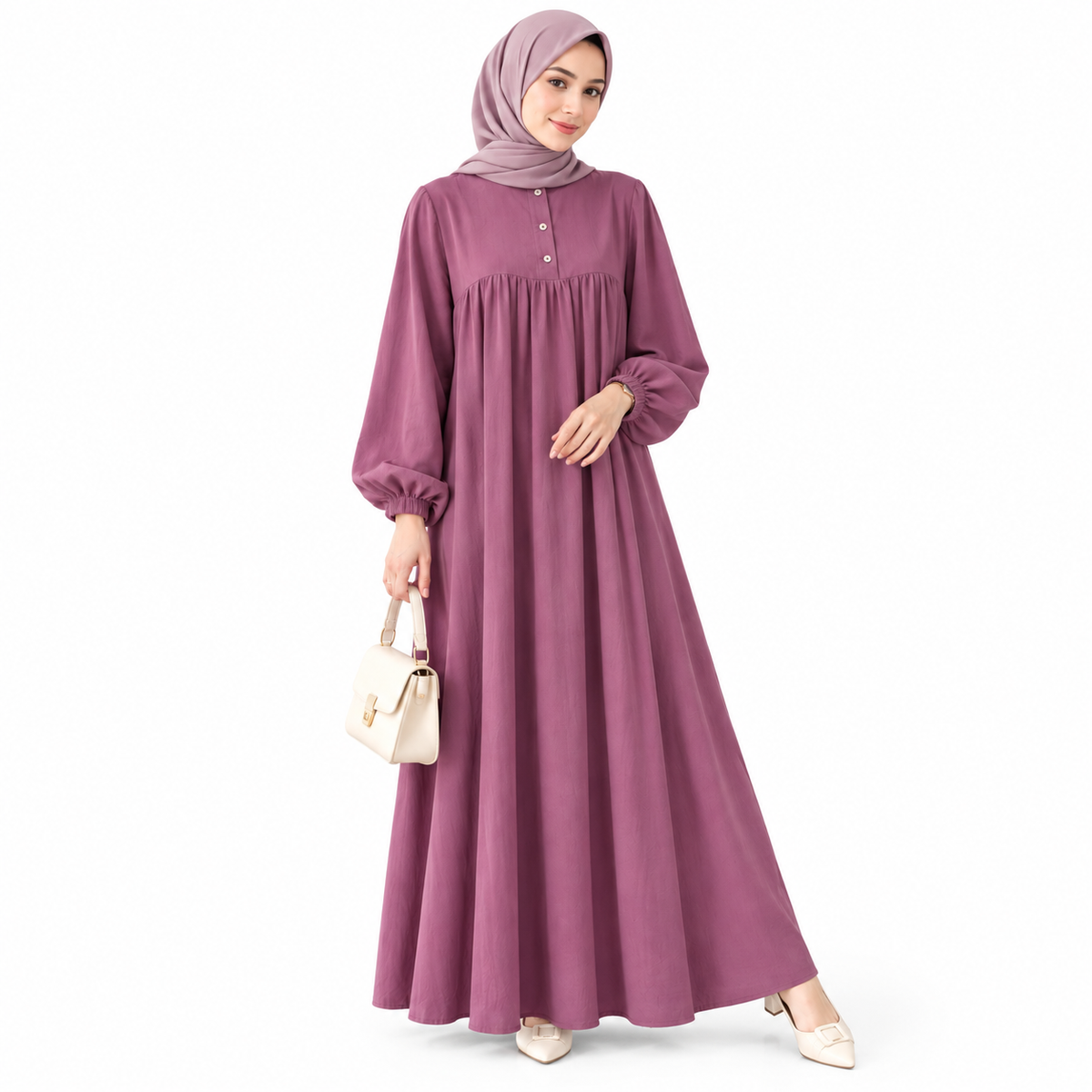 ZOALIN - Soft Gathered Abaya Maxi Dress - Mauve - front