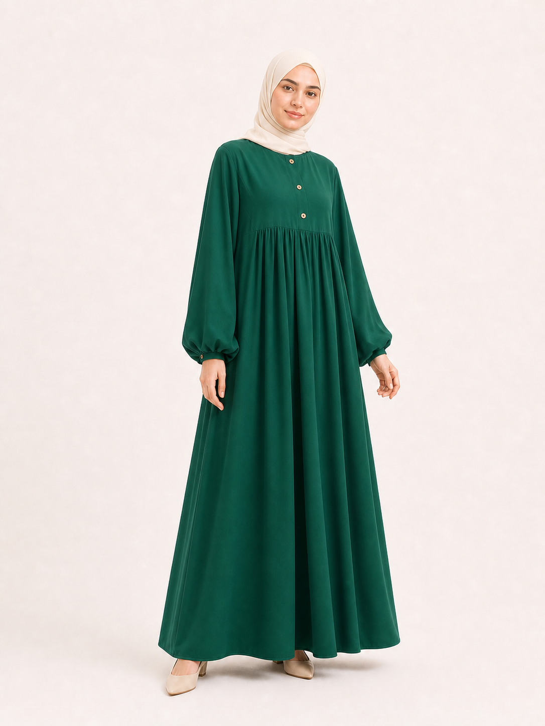 ZOALIN - Soft Gathered Abaya Maxi Dress - Emerald Green - front