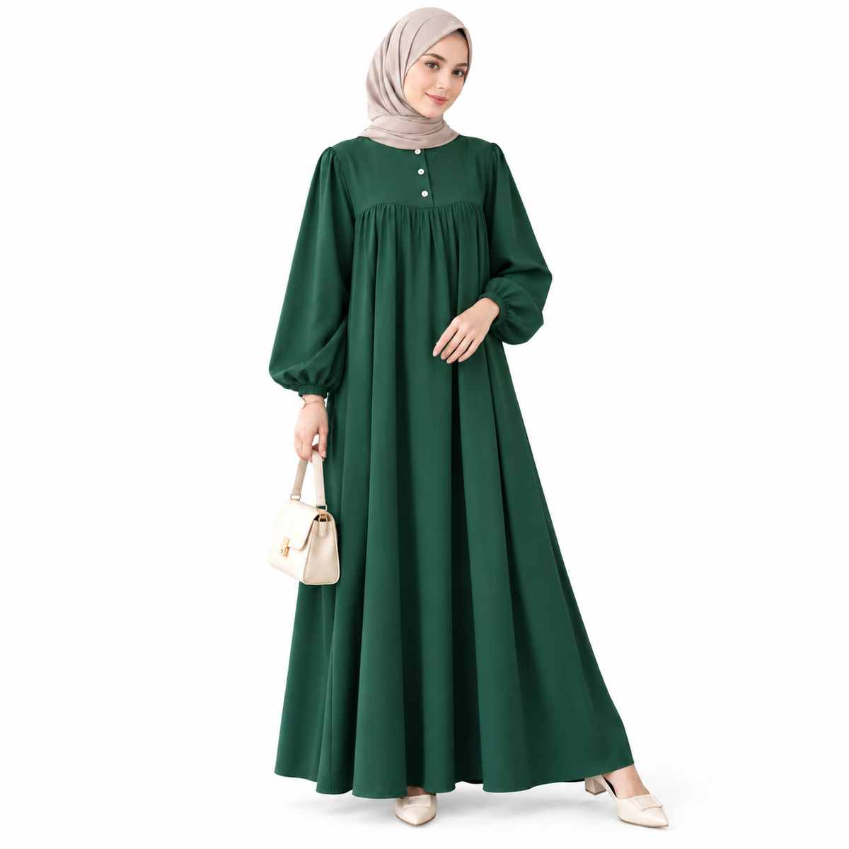 ZOALIN - Soft Gathered Abaya Maxi Dress - Emerald Green - front