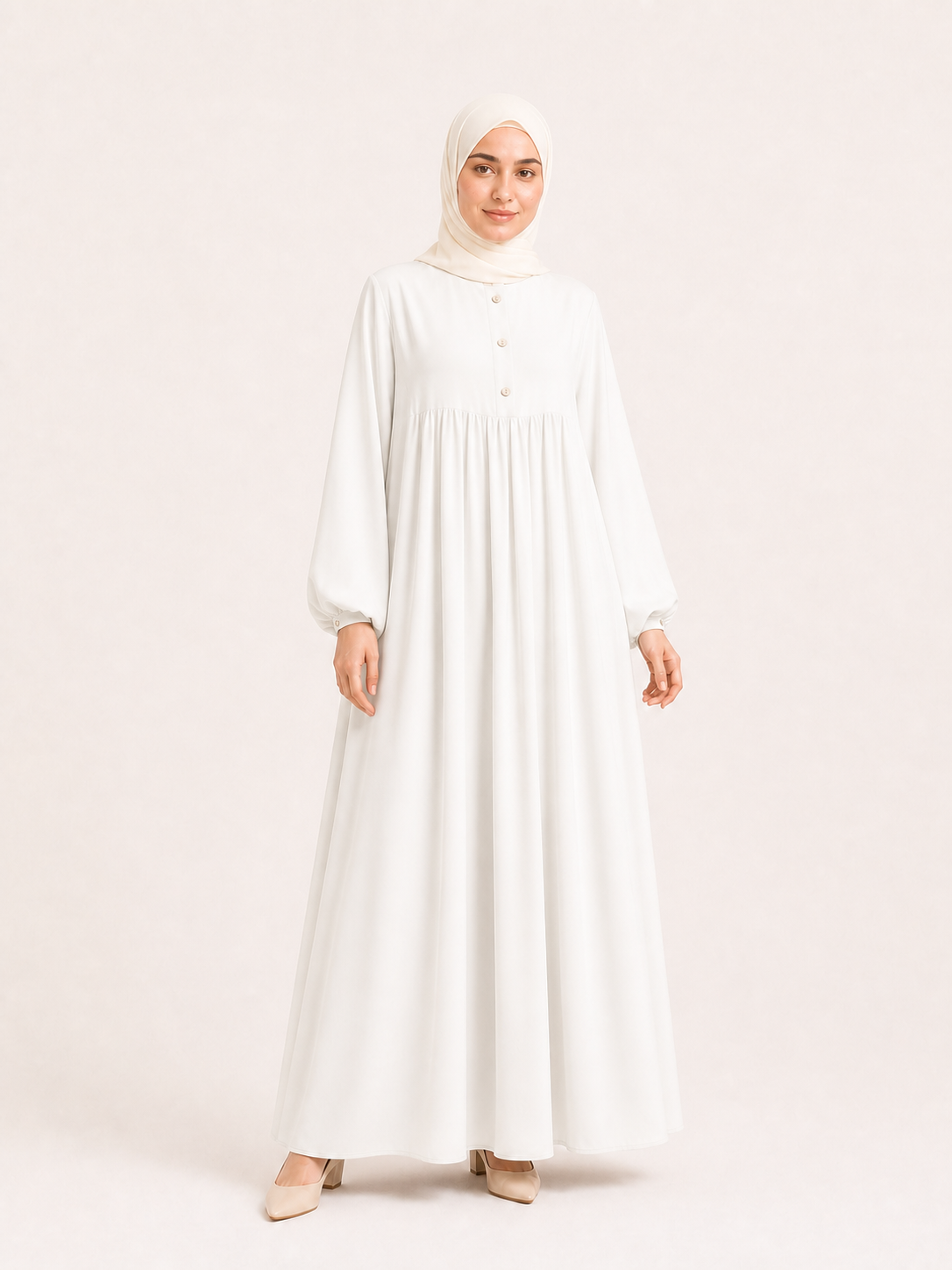 ZOALIN - Soft Gathered Abaya Maxi Dress - Ivory - front