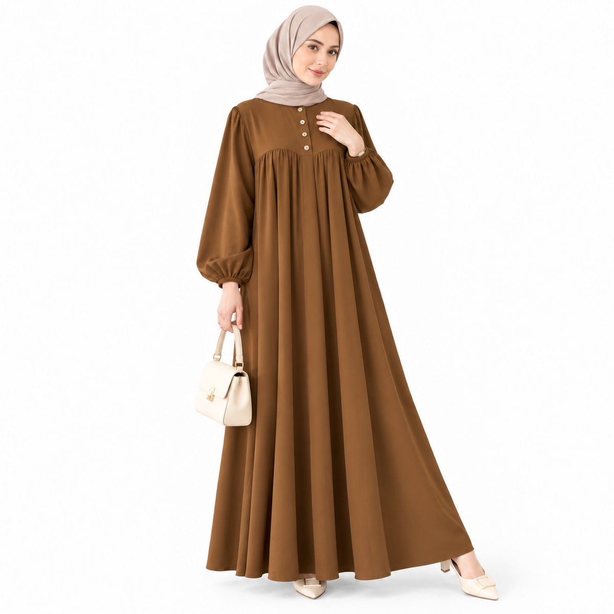 ZOALIN - Soft Gathered Abaya Maxi Dress - Warm Brown - front