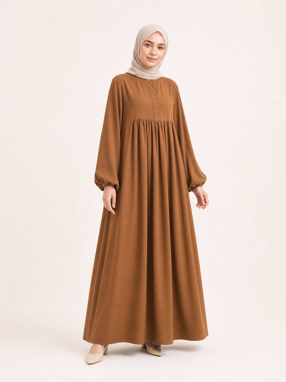 ZOALIN-SKU-COLOR-AUDIT-20260711-P06-03 | Soft Gathered Abaya Maxi Dress | Warm Brown front view