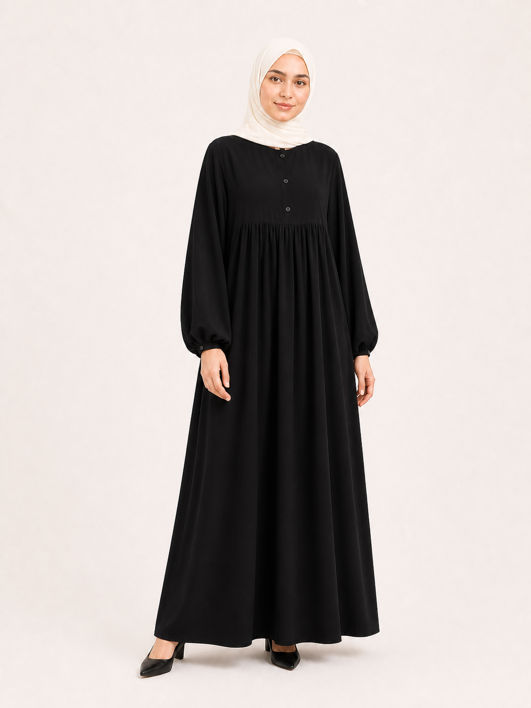 ZOALIN - Soft Gathered Abaya Maxi Dress - Black - front