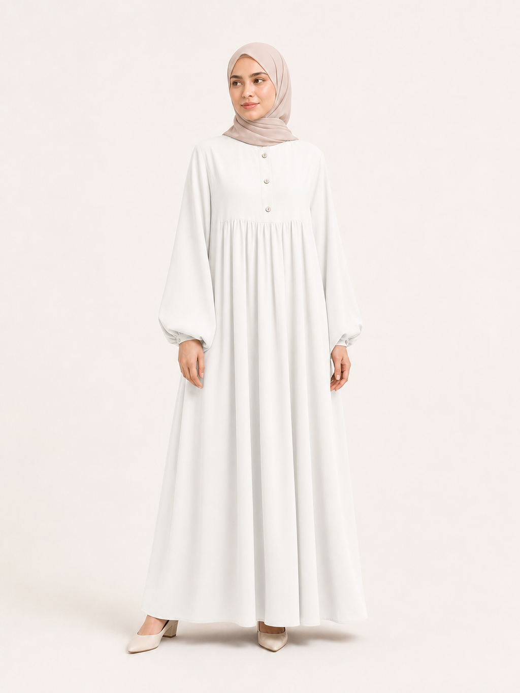 ZOALIN-SKU-COLOR-AUDIT-20260711-P06-05 | Soft Gathered Abaya Maxi Dress | Ivory front view