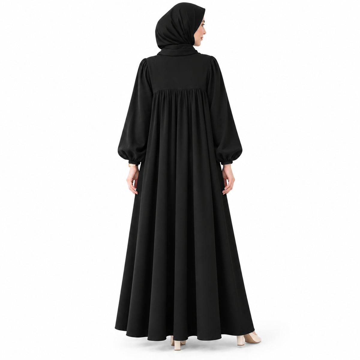 ZOALIN - Soft Gathered Abaya Maxi Dress - Black - back