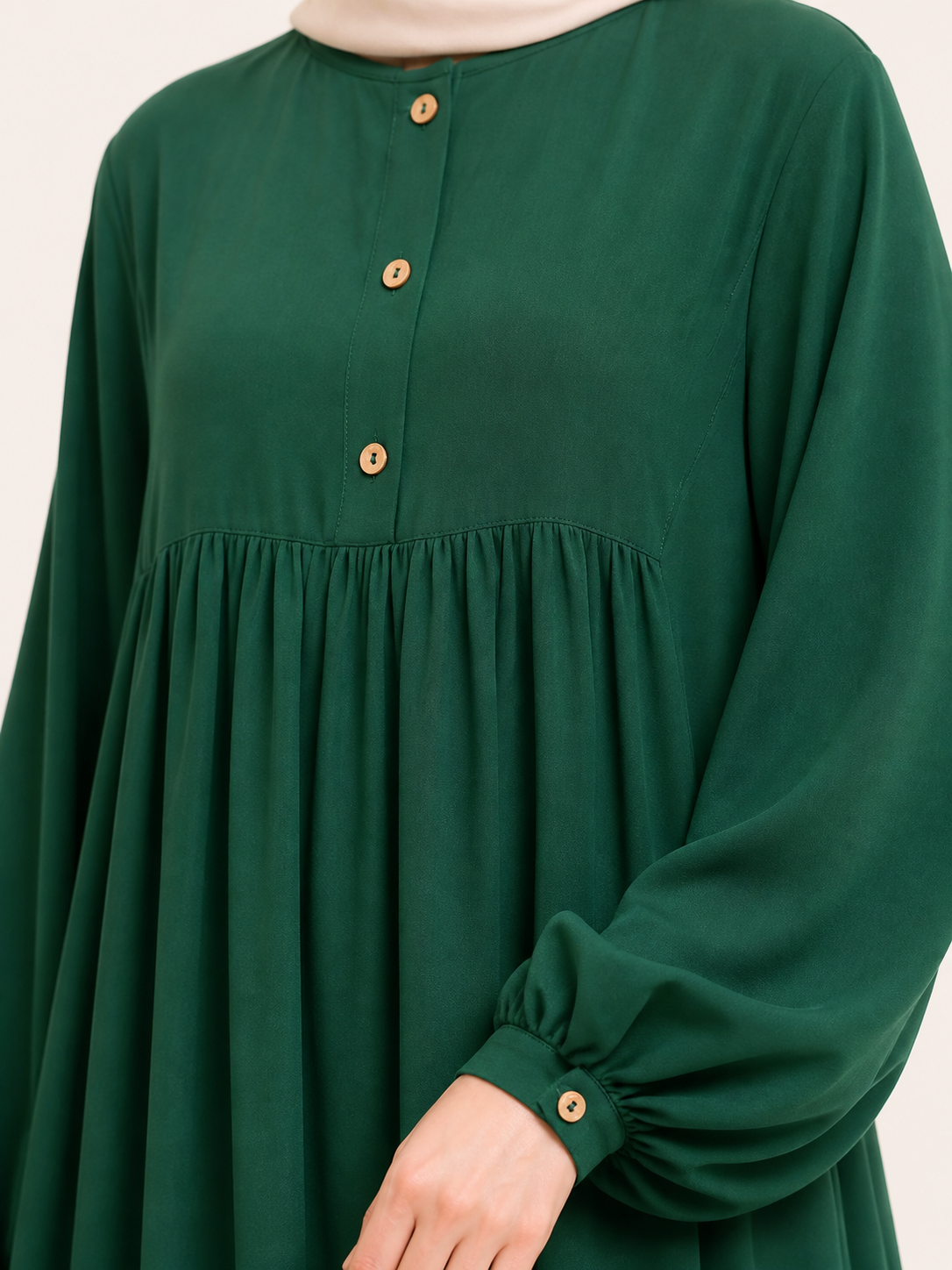 ZOALIN - Soft Gathered Abaya Maxi Dress - Emerald Green - detail