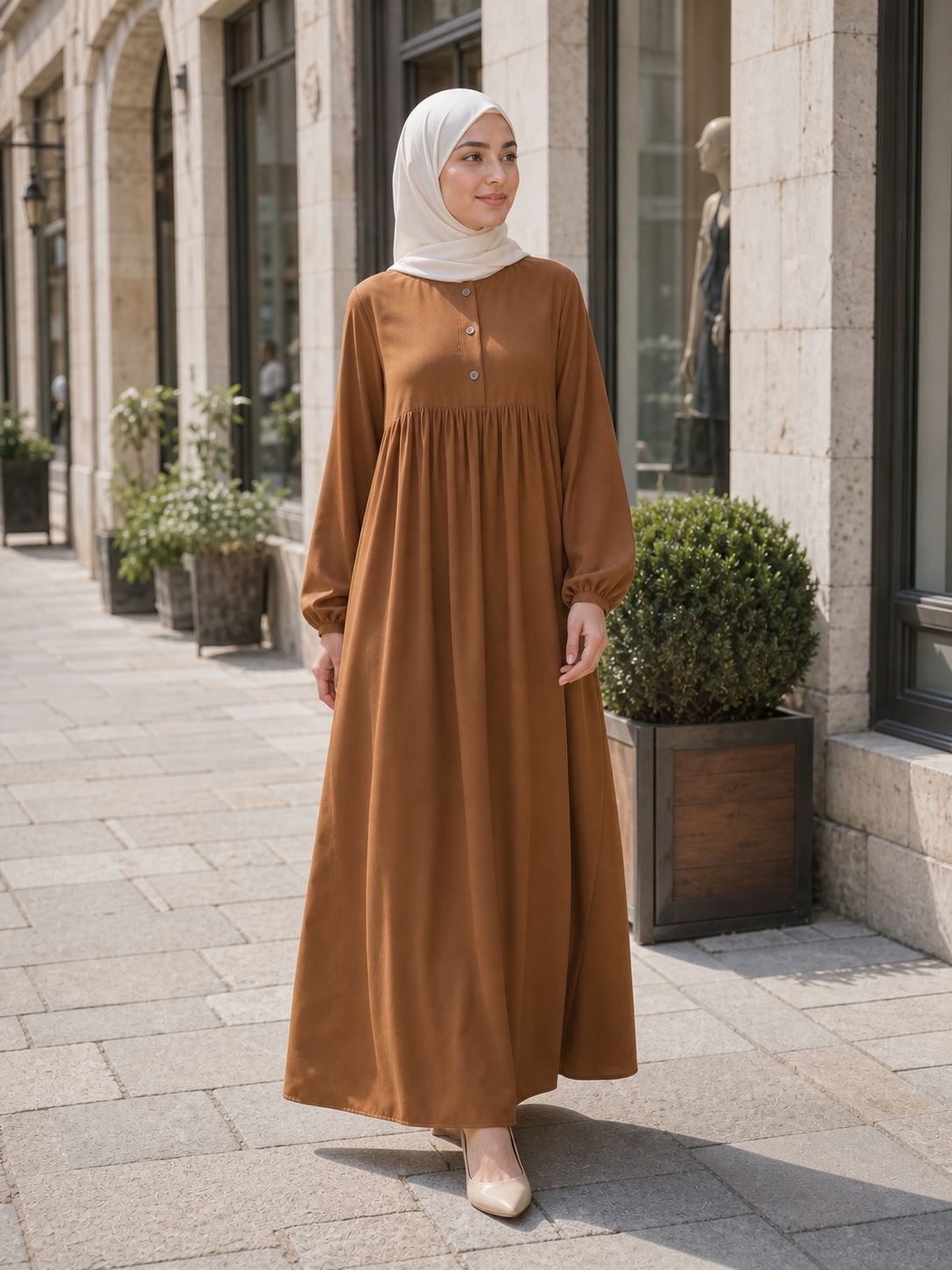ZOALIN - Soft Gathered Abaya Maxi Dress - Warm Brown - lifestyle