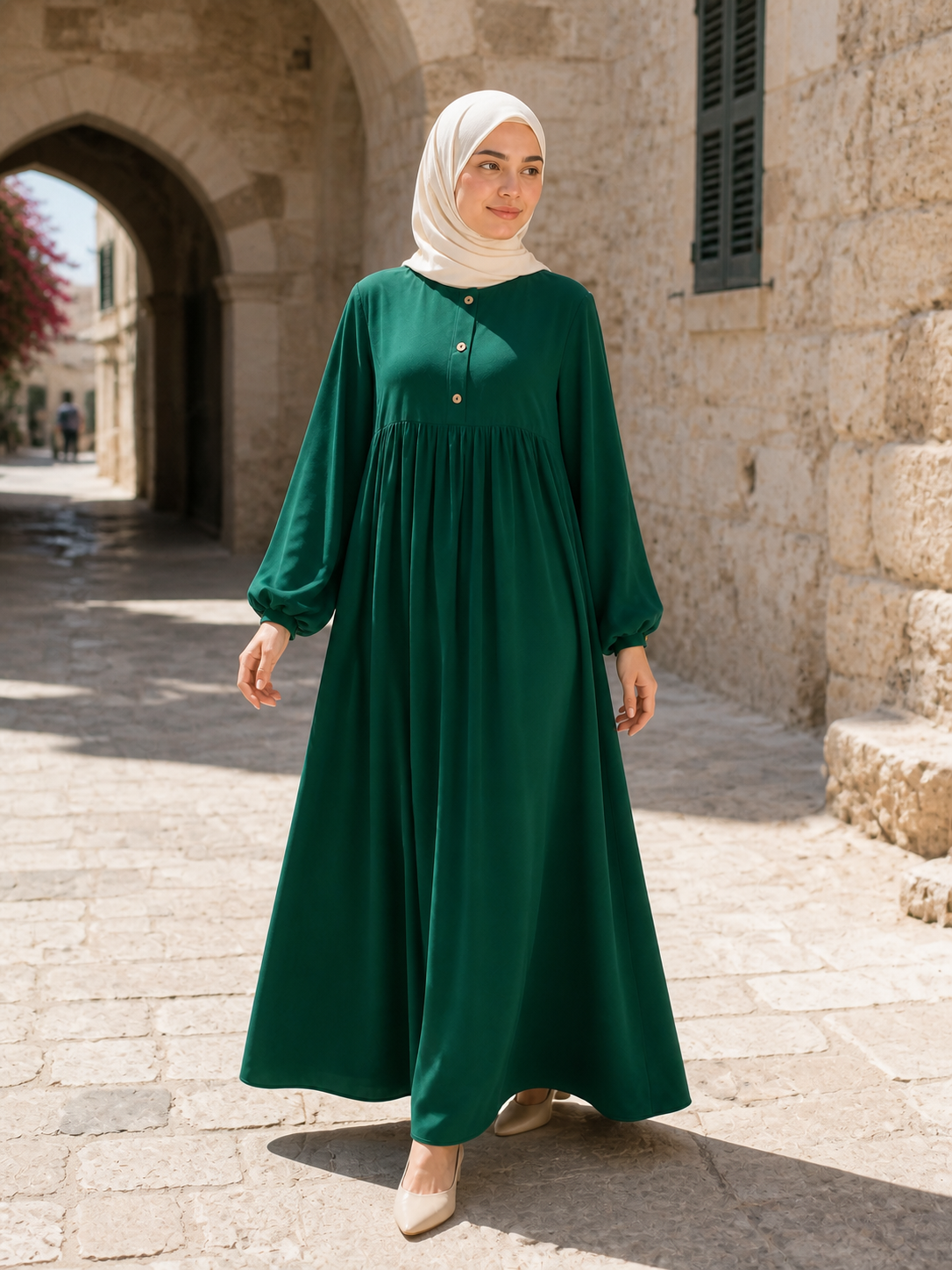 ZOALIN - Soft Gathered Abaya Maxi Dress - Emerald Green - lifestyle