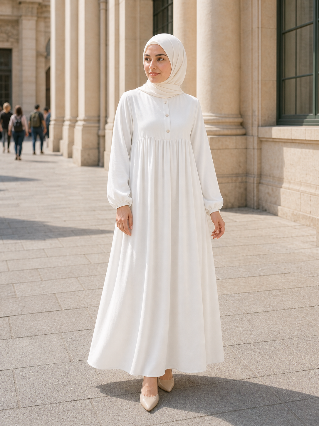 ZOALIN - Soft Gathered Abaya Maxi Dress - Ivory - lifestyle