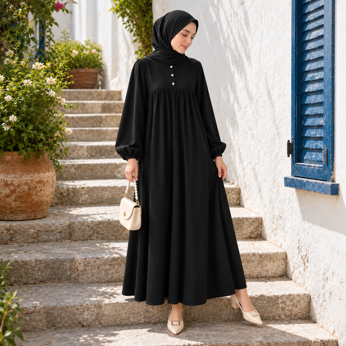 ZOALIN - Soft Gathered Abaya Maxi Dress - Black - lifestyle