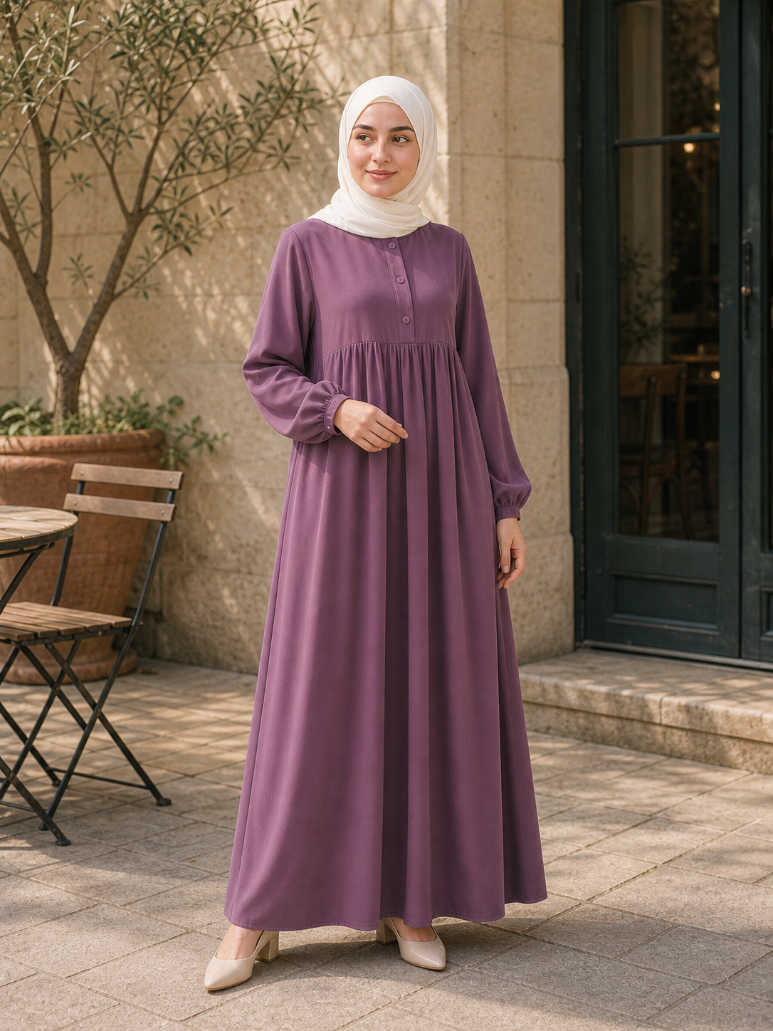 ZOALIN - Soft Gathered Abaya Maxi Dress - Mauve - lifestyle