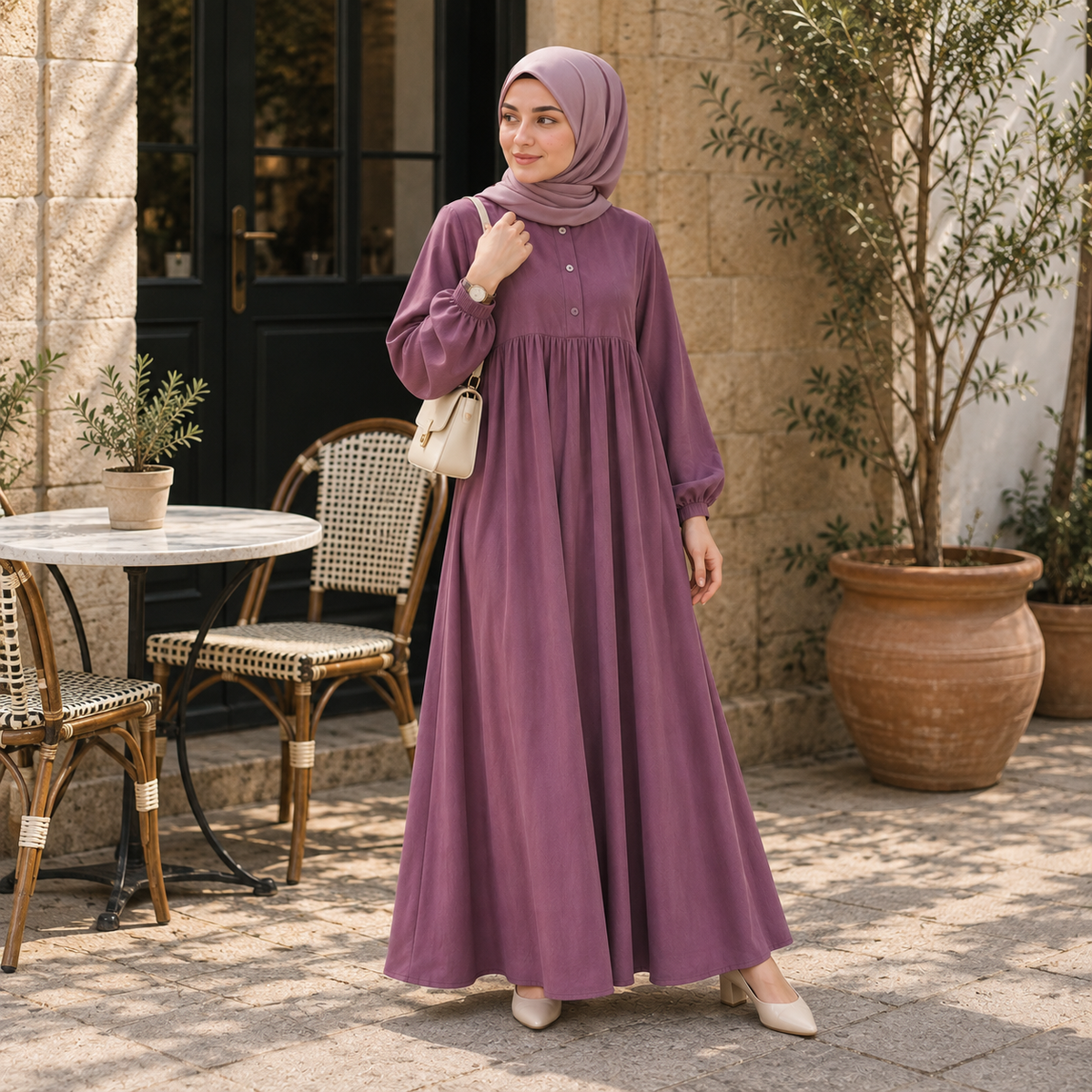 ZOALIN - Soft Gathered Abaya Maxi Dress - Mauve - lifestyle
