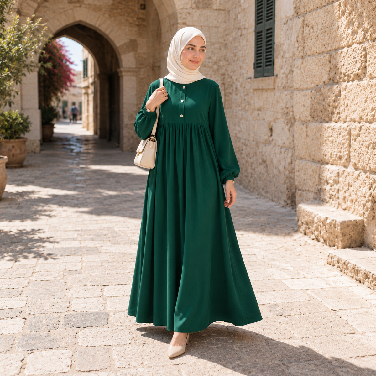 ZOALIN - Soft Gathered Abaya Maxi Dress - Emerald Green - lifestyle