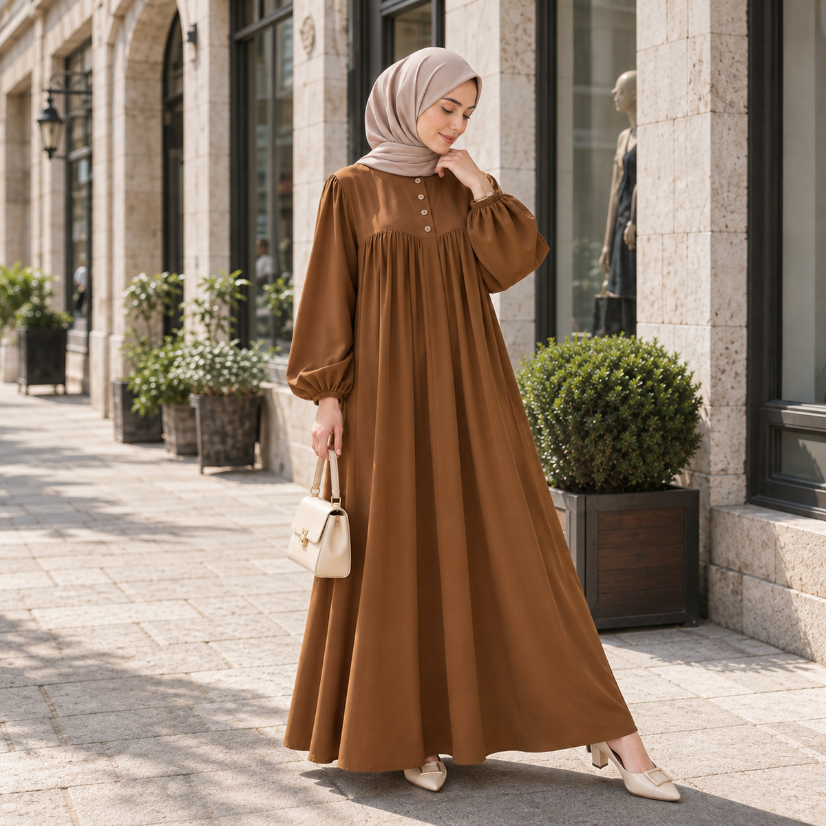 ZOALIN - Soft Gathered Abaya Maxi Dress - Warm Brown - lifestyle