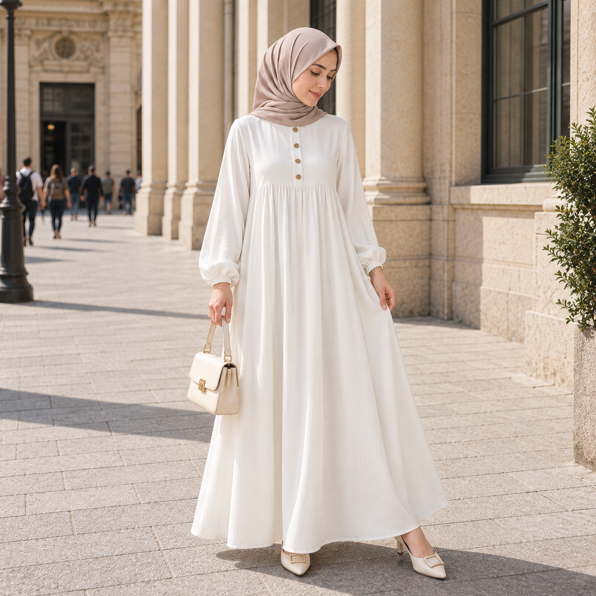 ZOALIN - Soft Gathered Abaya Maxi Dress - Ivory - lifestyle