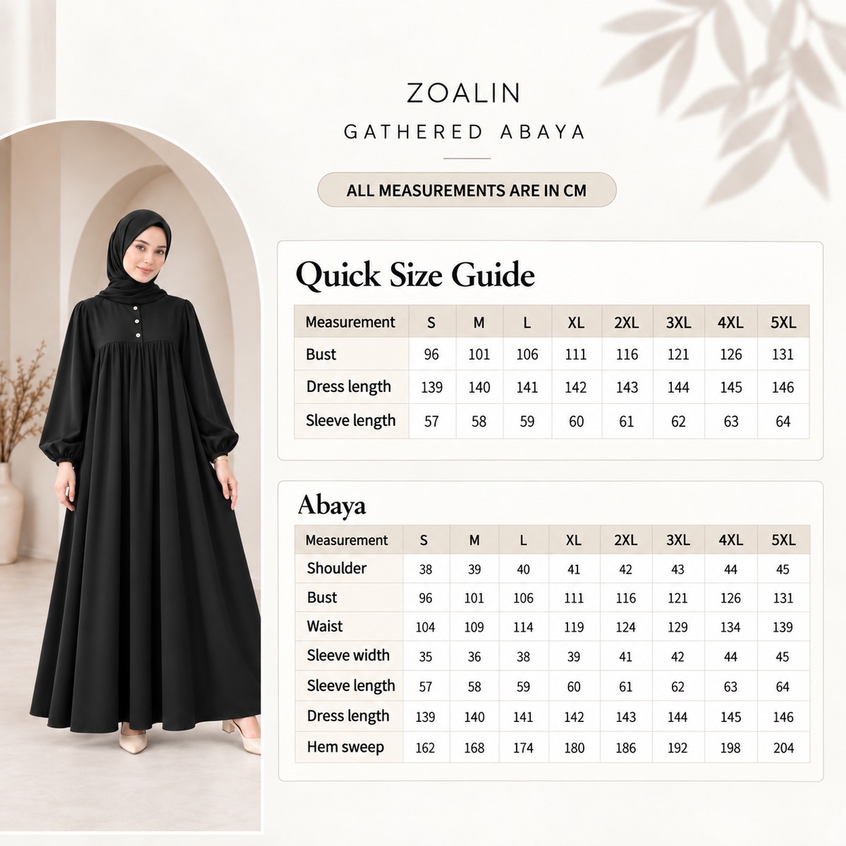 ZOALIN GATHERED ABAYA - Size chart - centimeters - arched layout 20260910