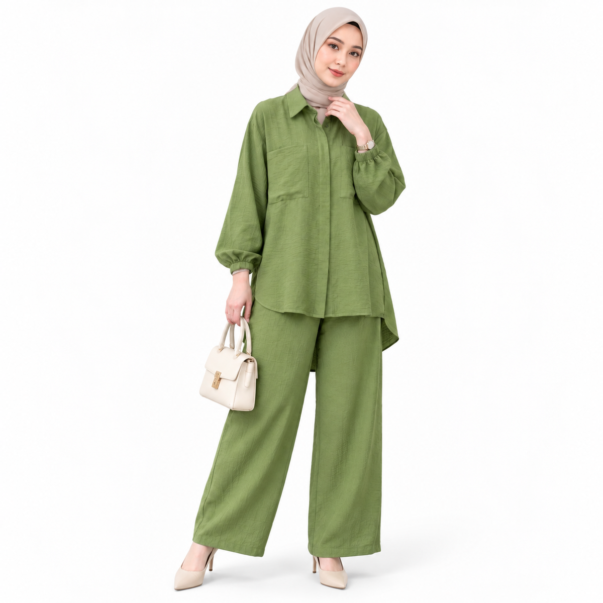 ZOALIN - Tailored Collared Tunic & Wide-Leg Pants Set - Sage - front
