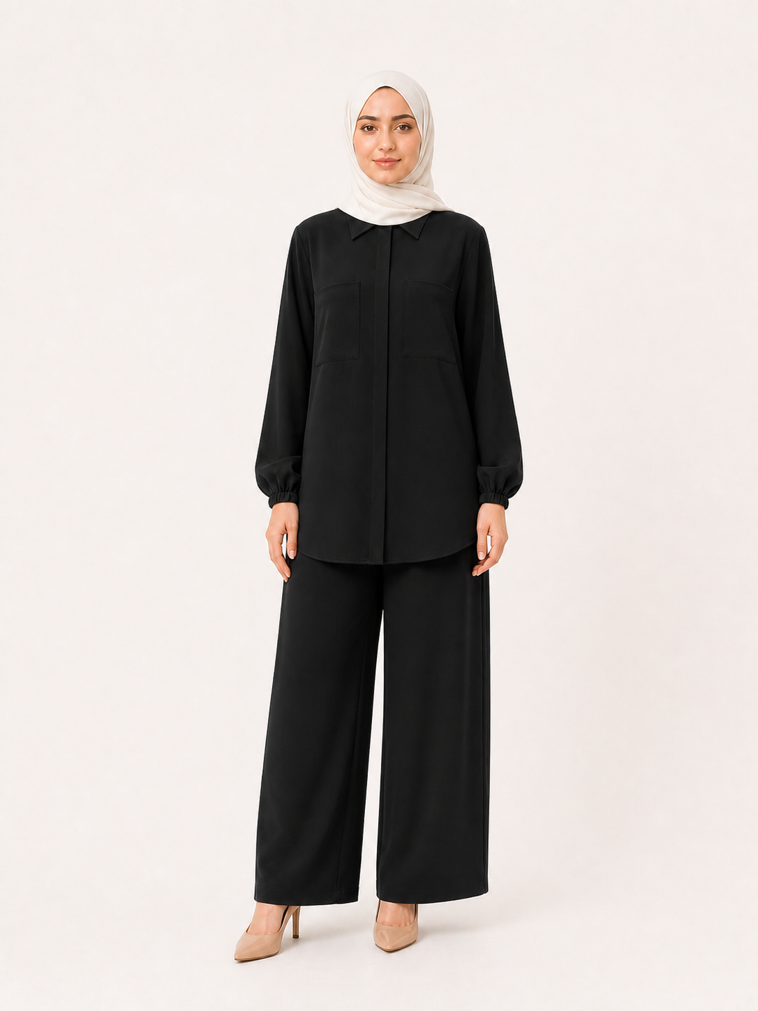 ZOALIN - Tailored Collared Tunic & Wide-Leg Pants Set - Black - front