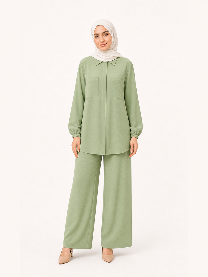 ZOALIN-SKU-COLOR-AUDIT-20260711-P09-01 | Tailored Collared Tunic & Wide-Leg Pants Set | Sage front view