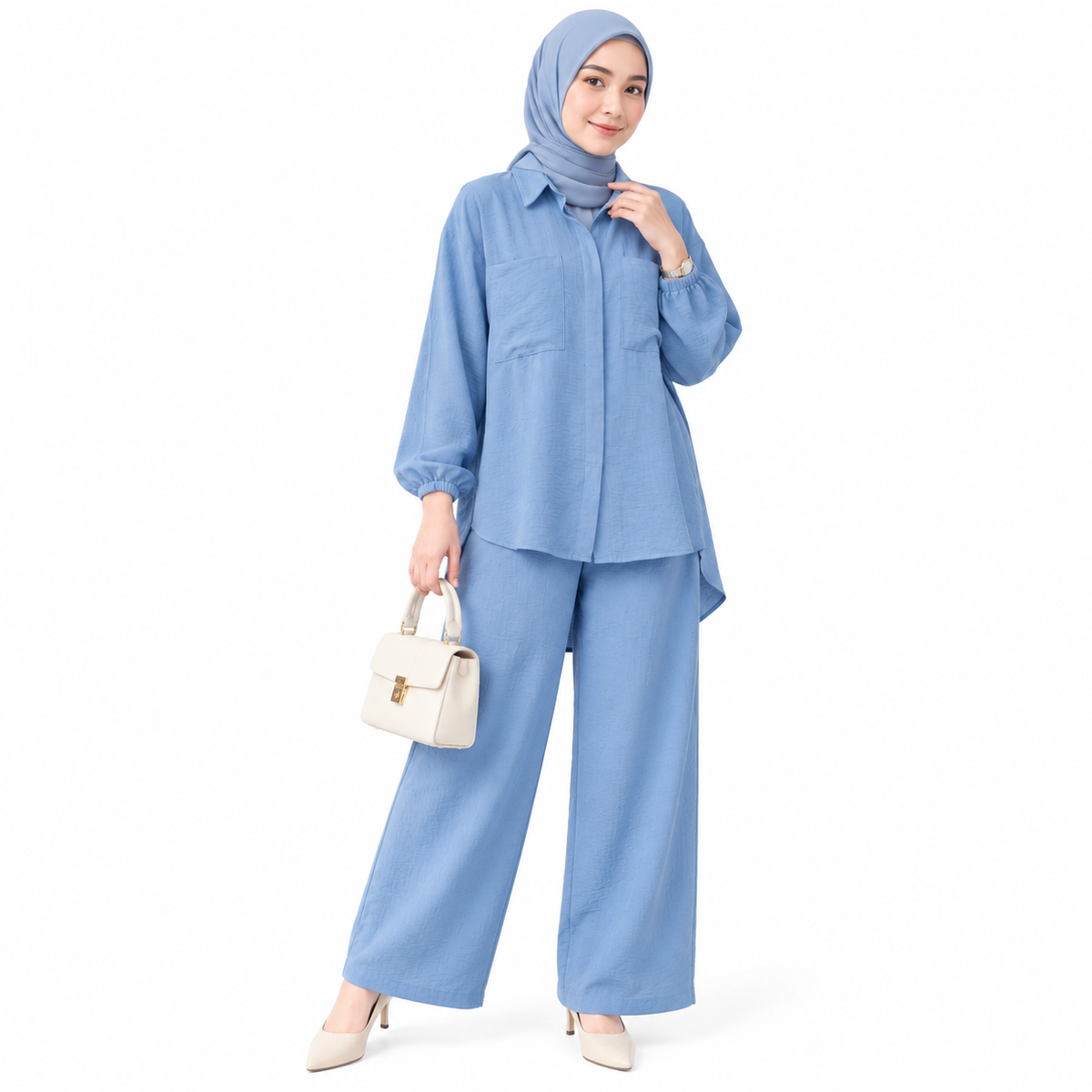 ZOALIN - Tailored Collared Tunic & Wide-Leg Pants Set - Blue - front