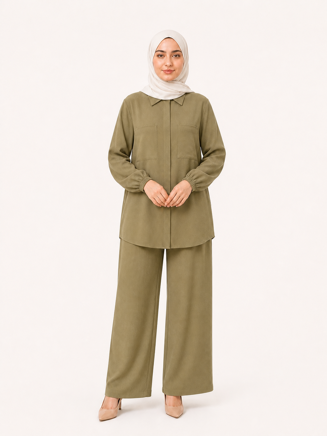 ZOALIN - Tailored Collared Tunic & Wide-Leg Pants Set - Olive - front