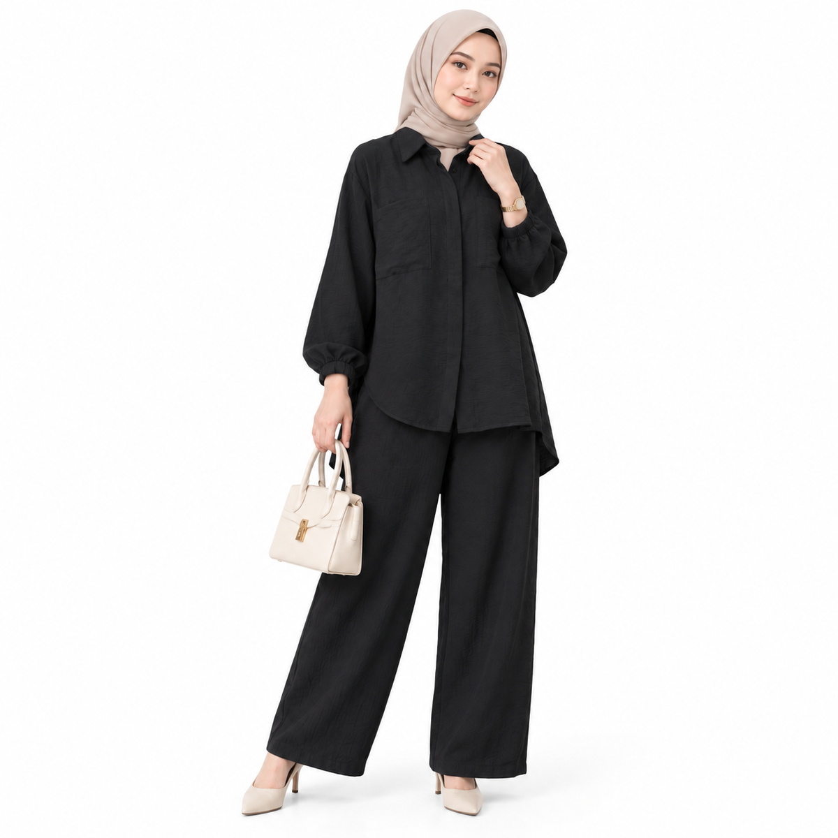 ZOALIN - Tailored Collared Tunic & Wide-Leg Pants Set - Black - front