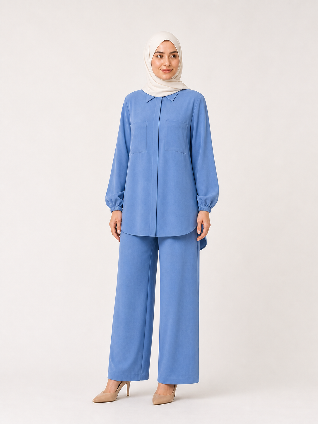 ZOALIN - Tailored Collared Tunic & Wide-Leg Pants Set - Blue - front