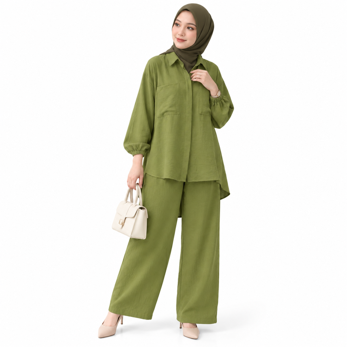 ZOALIN - Tailored Collared Tunic & Wide-Leg Pants Set - Olive - front