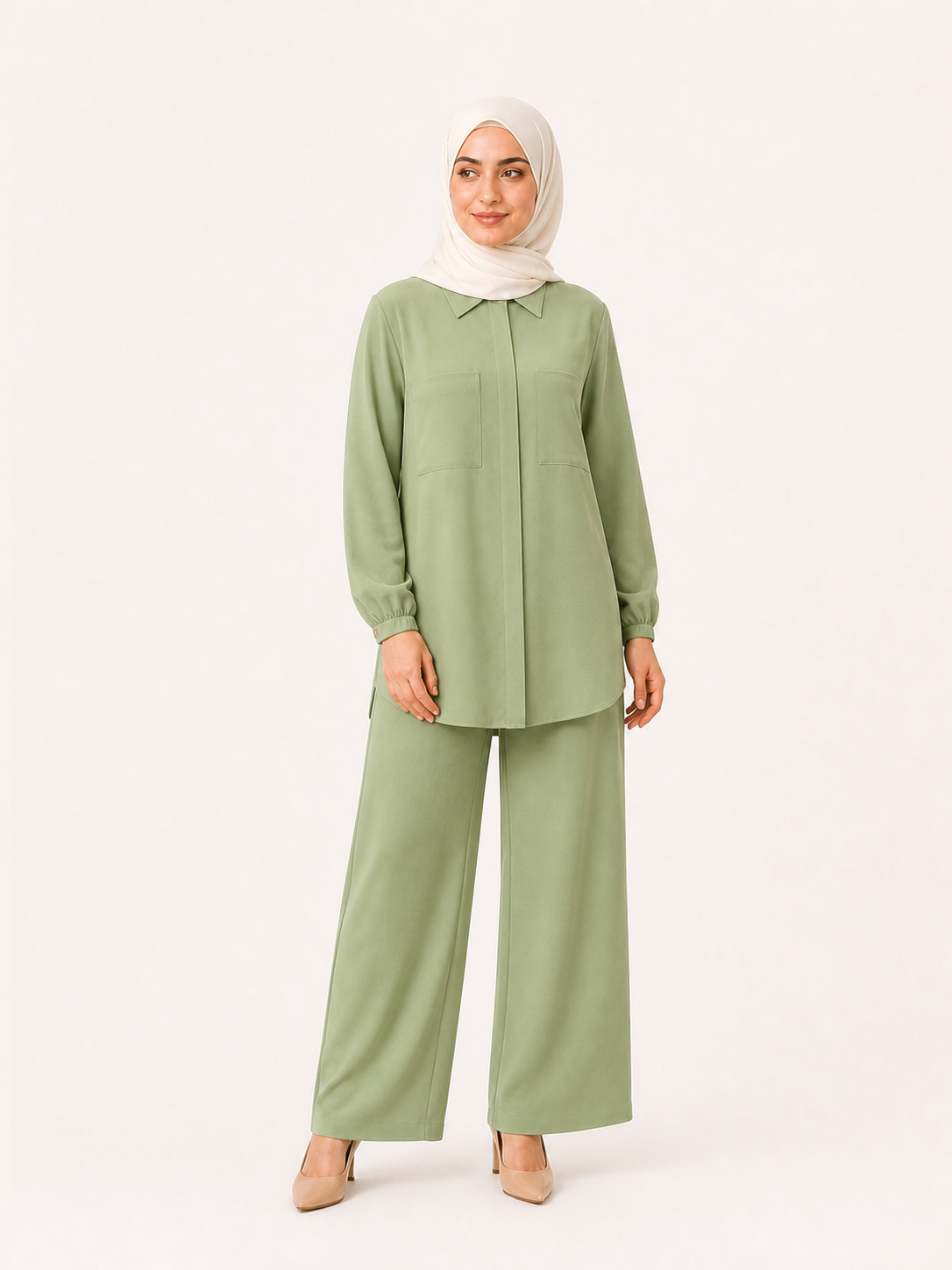 ZOALIN - Tailored Collared Tunic & Wide-Leg Pants Set - Sage - front