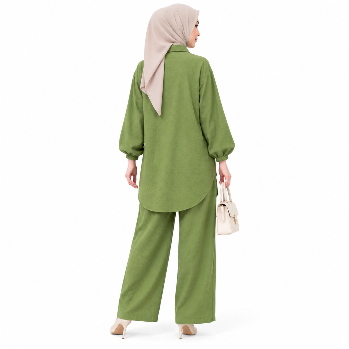 ZOALIN - Tailored Collared Tunic & Wide-Leg Pants Set - Sage - back