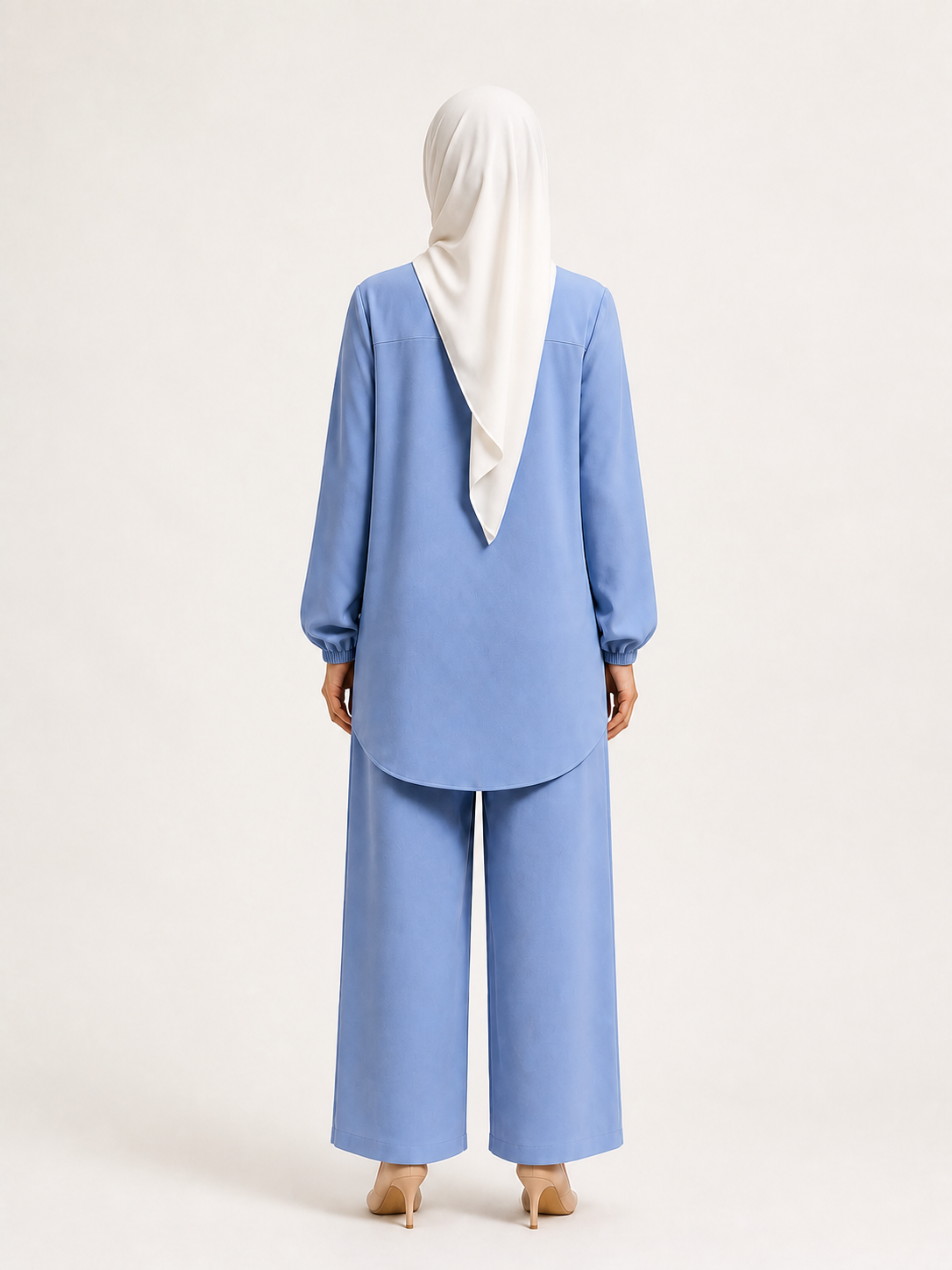 ZOALIN - Tailored Collared Tunic & Wide-Leg Pants Set - Blue - back