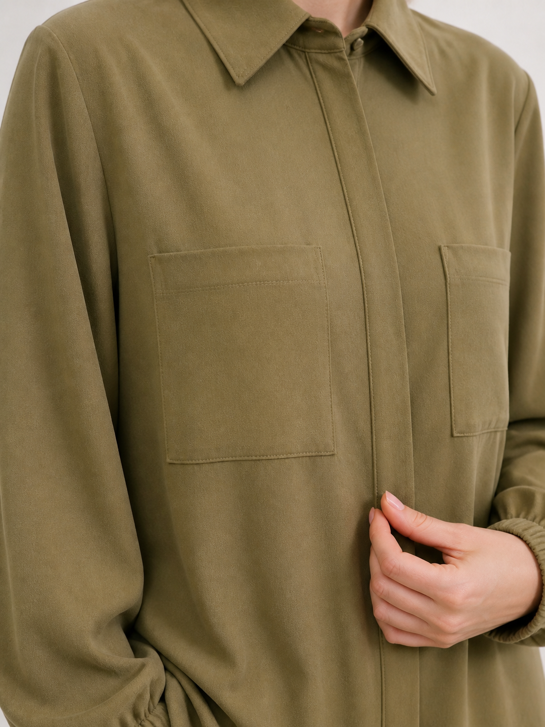ZOALIN - Tailored Collared Tunic & Wide-Leg Pants Set - Olive - detail