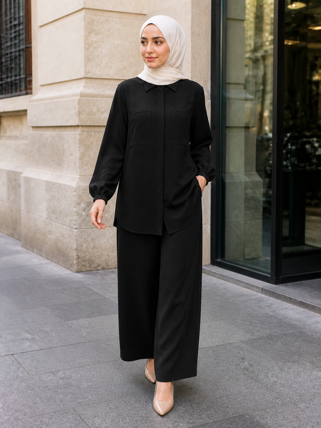 ZOALIN - Tailored Collared Tunic & Wide-Leg Pants Set - Black - lifestyle