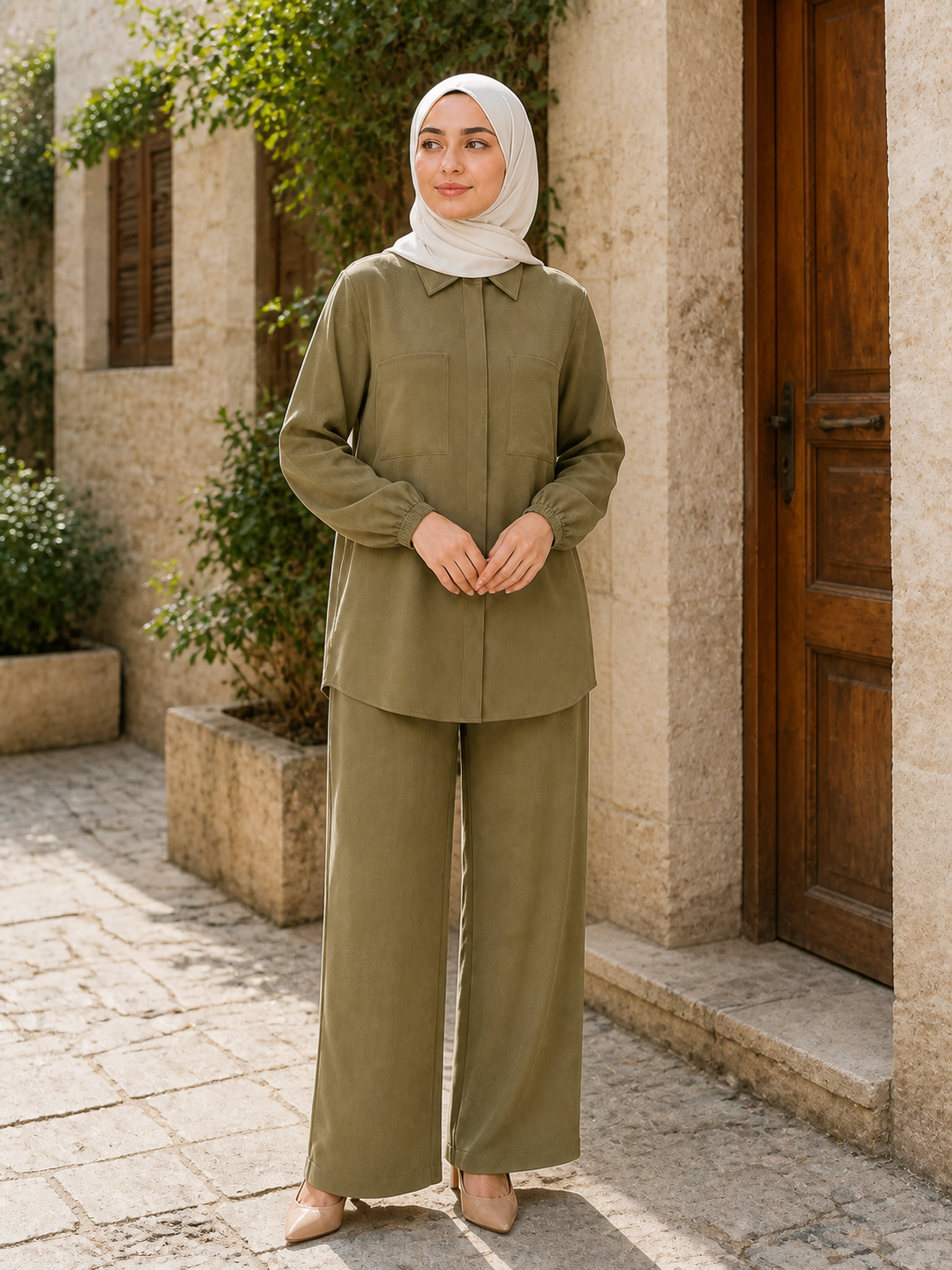 ZOALIN - Tailored Collared Tunic & Wide-Leg Pants Set - Olive - lifestyle