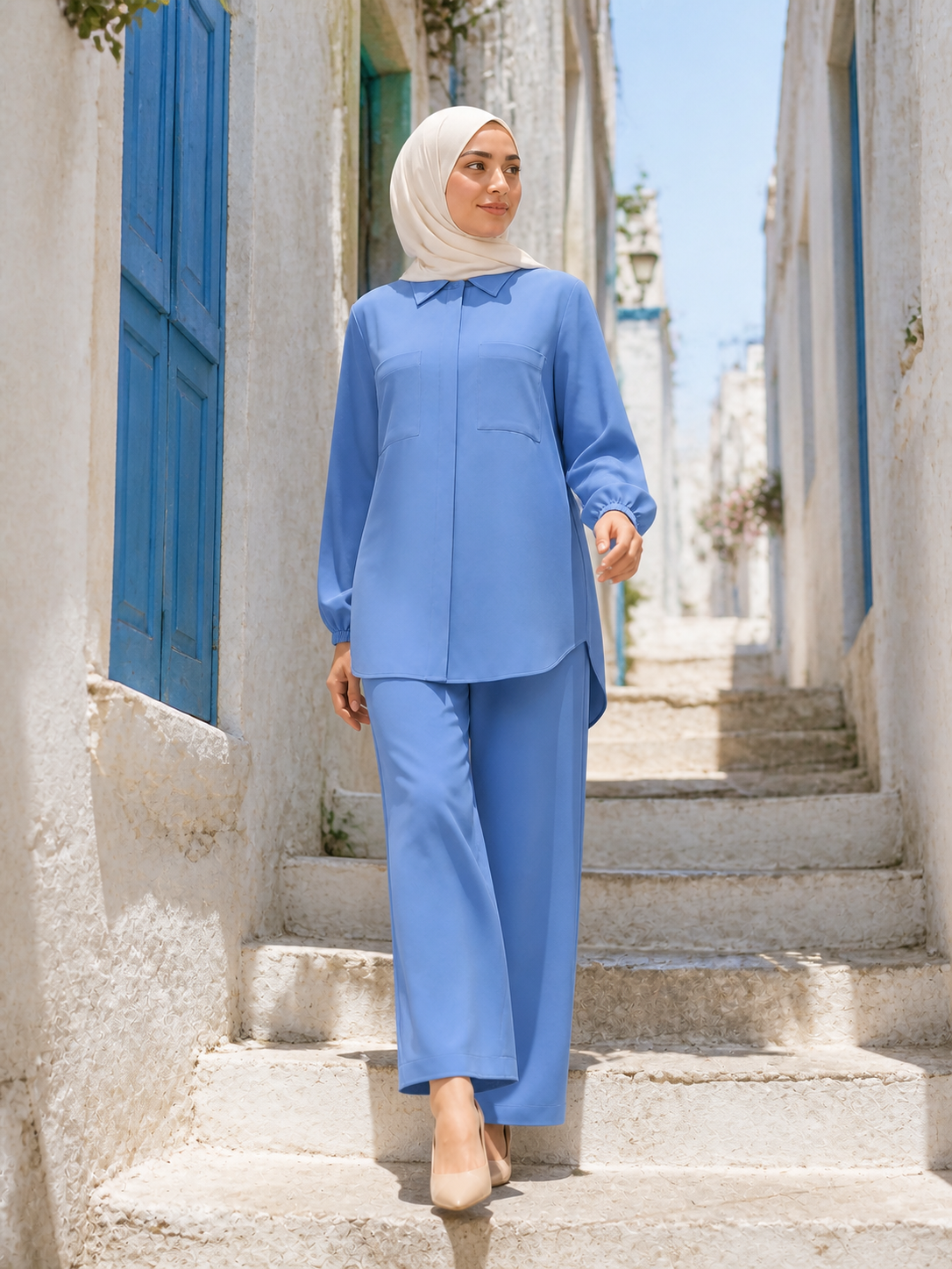 ZOALIN - Tailored Collared Tunic & Wide-Leg Pants Set - Blue - lifestyle