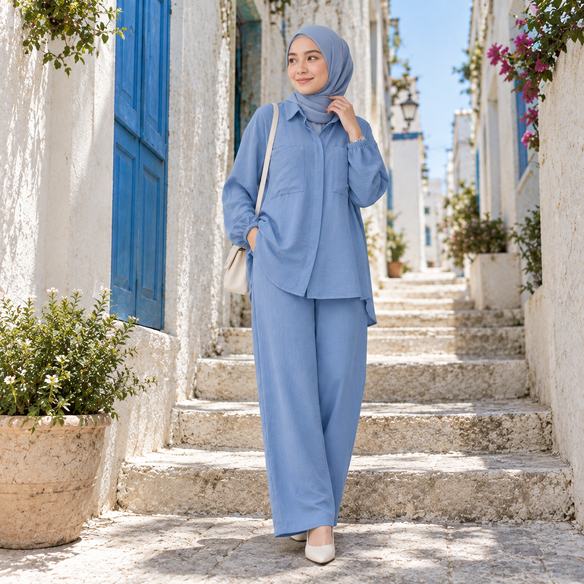 ZOALIN - Tailored Collared Tunic & Wide-Leg Pants Set - Blue - lifestyle