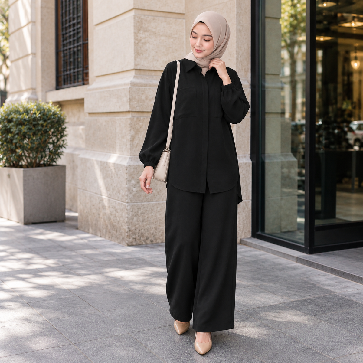 ZOALIN - Tailored Collared Tunic & Wide-Leg Pants Set - Black - lifestyle