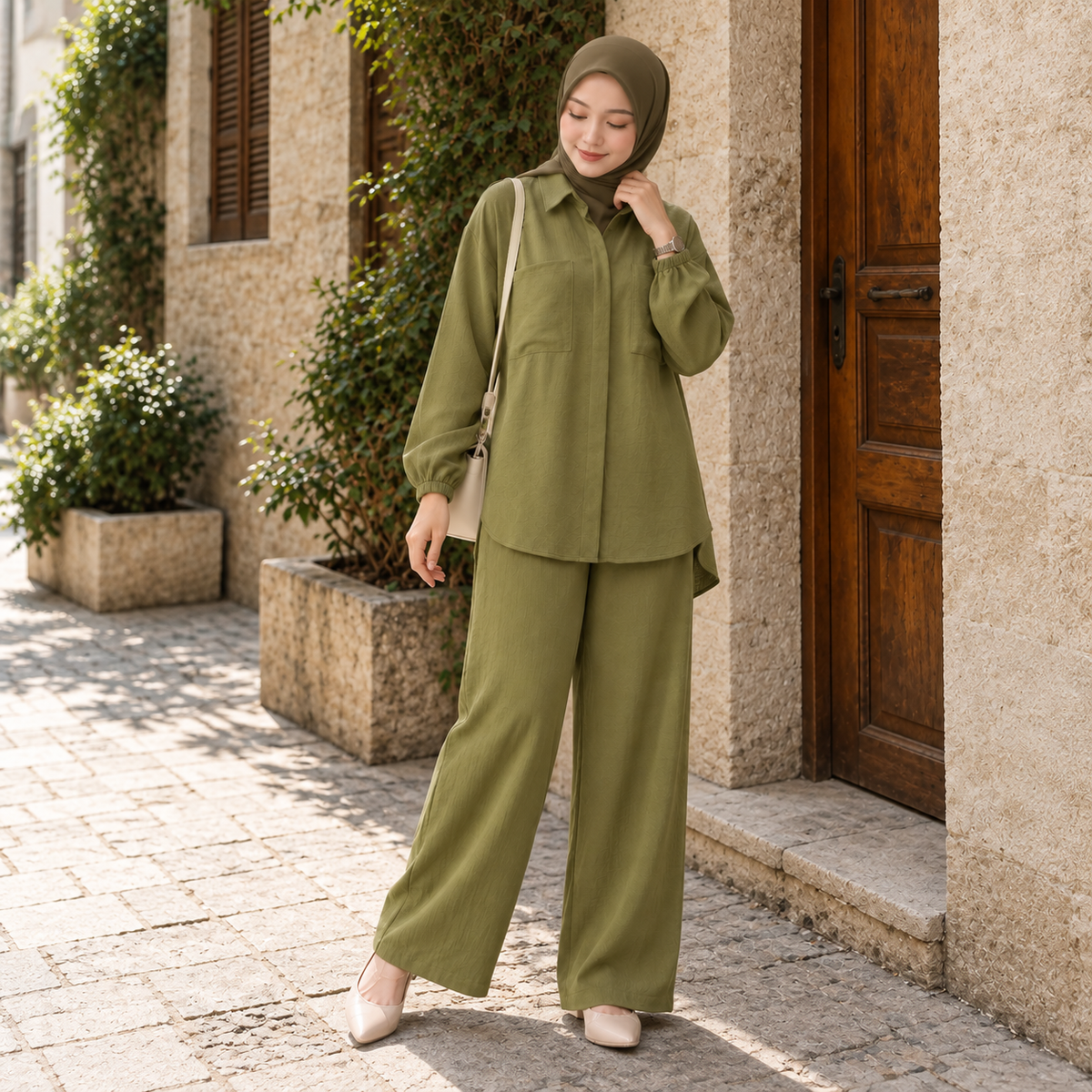 ZOALIN - Tailored Collared Tunic & Wide-Leg Pants Set - Olive - lifestyle
