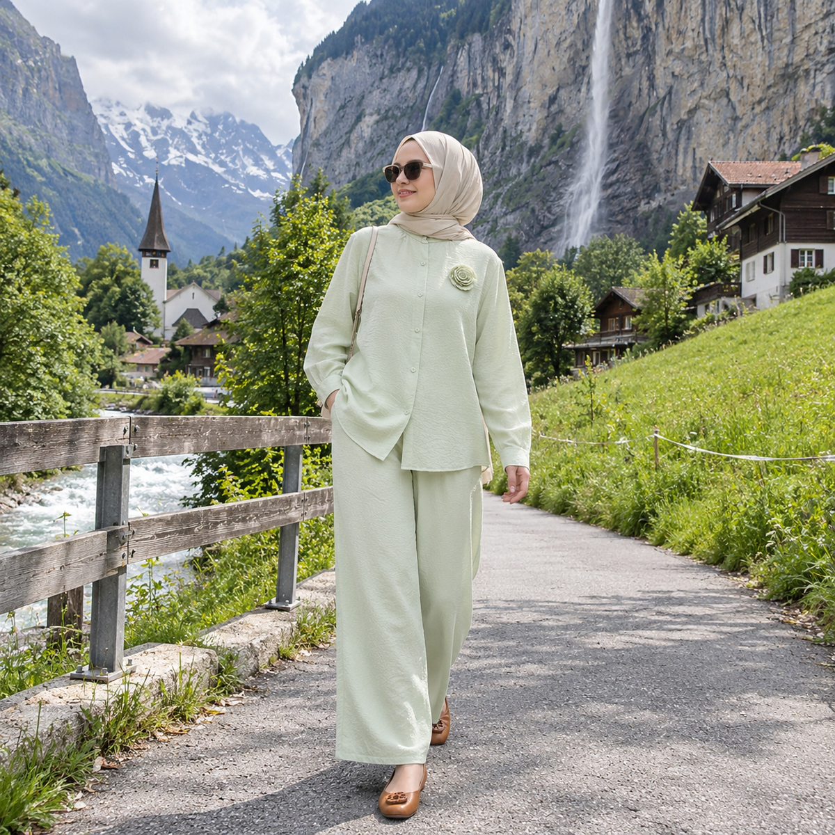 ZOALIN - Textured Rosette Shirt & Pants Set - Light Green - lifestyle