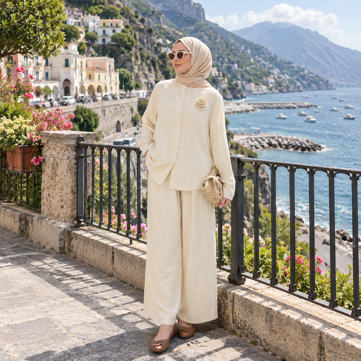 ZOALIN - Textured Rosette Shirt & Pants Set - Apricot - lifestyle
