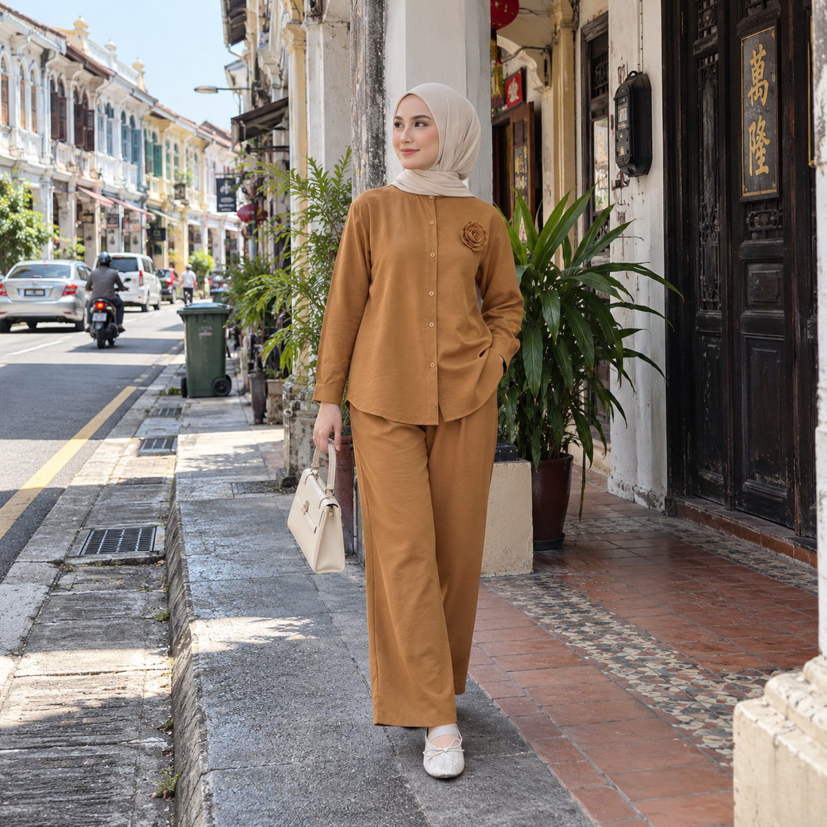 ZOALIN - Textured Rosette Shirt & Pants Set - Brown - lifestyle