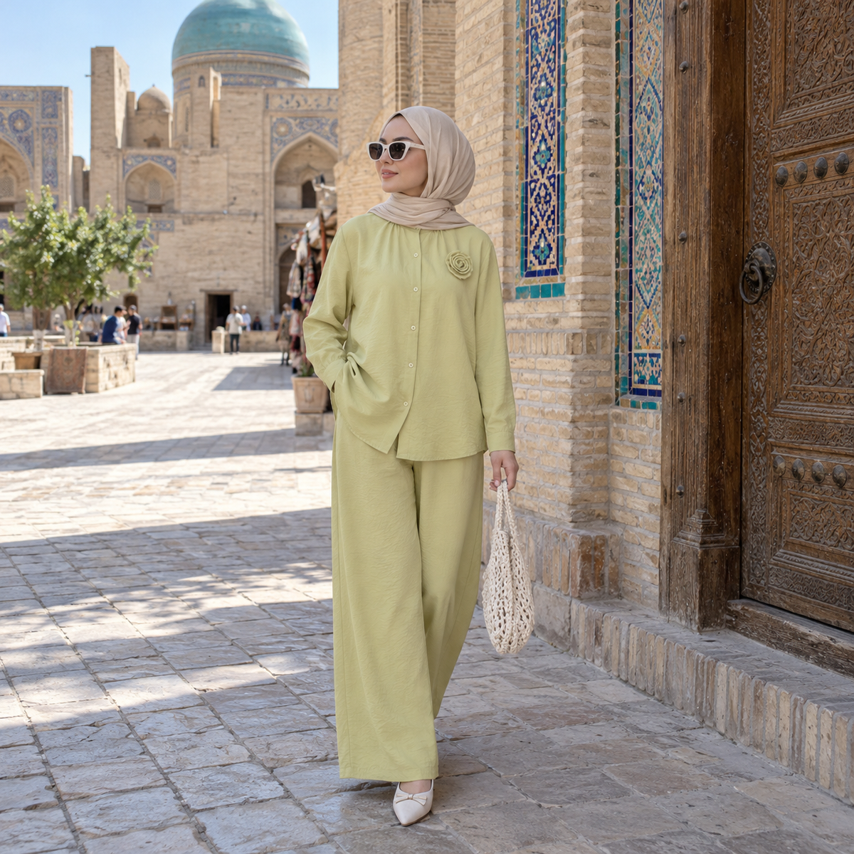 ZOALIN - Textured Rosette Shirt & Pants Set - Yellow - lifestyle