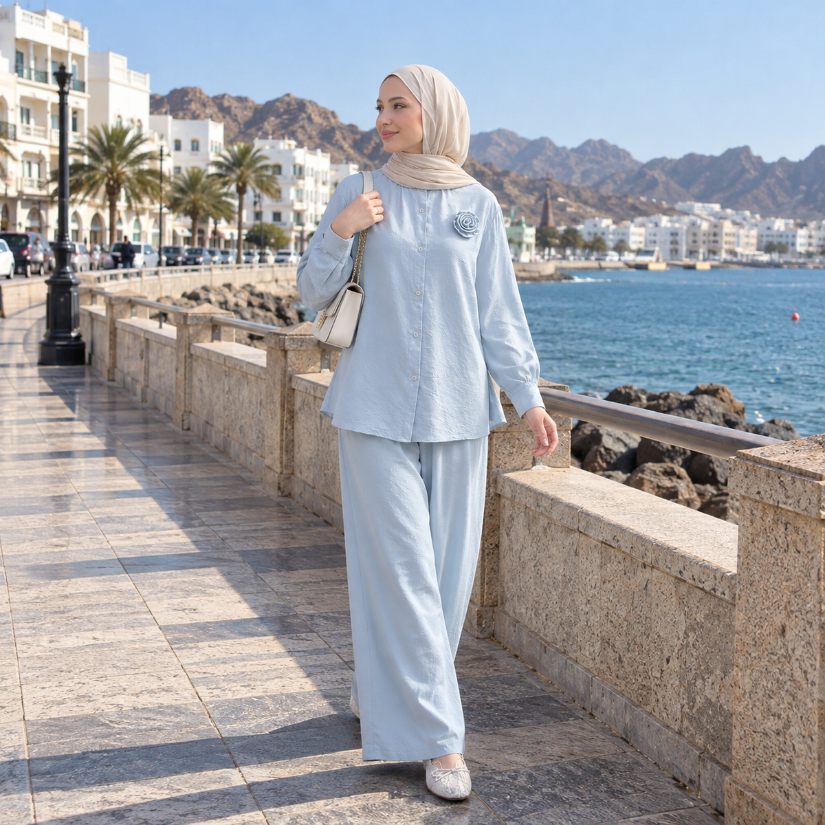 ZOALIN - Textured Rosette Shirt & Pants Set - Sky Blue - lifestyle