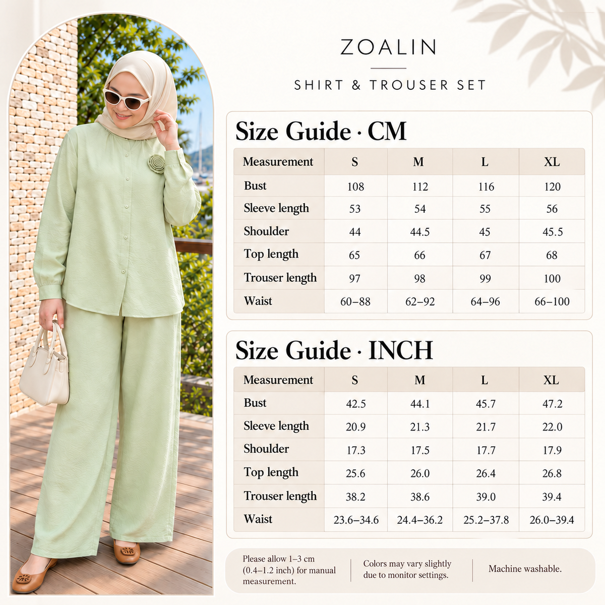 ZOALIN - Textured Rosette Shirt & Pants Set - size chart - centimeters and inches