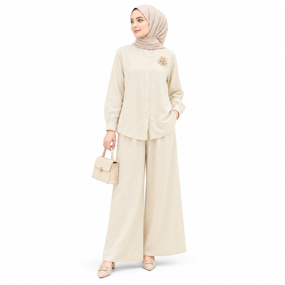 ZOALIN - Textured Rosette Shirt & Pants Set - Apricot - front